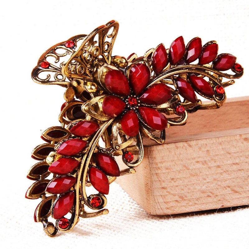 Suoirblss Large Metal Rhinestone Alloy Hair Claw Jaw Clip Retro Flowers Hair Clip Fancy Hair Barrette Clamp for Women Thick Hair (Red) - Image 1
